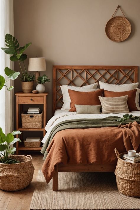 a bedroom with a bed, nightstands and plants in baskets on the side table