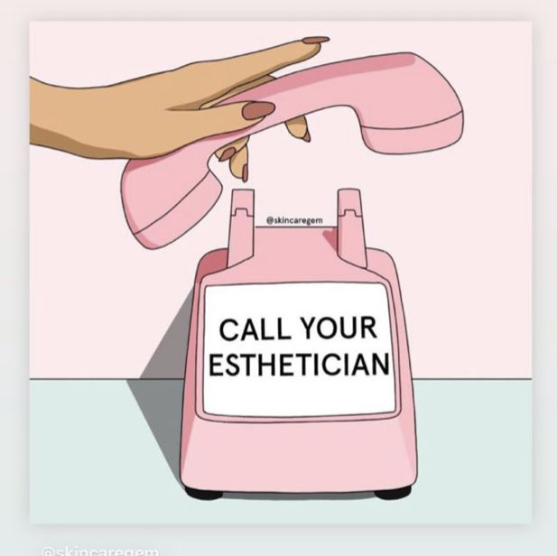 a pink phone with the words call your esthetician on it, and someone's hand holding an object