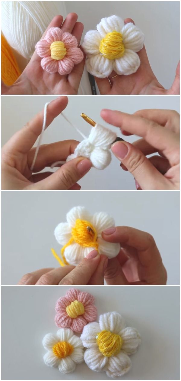 four pictures showing how to make crochet flowers