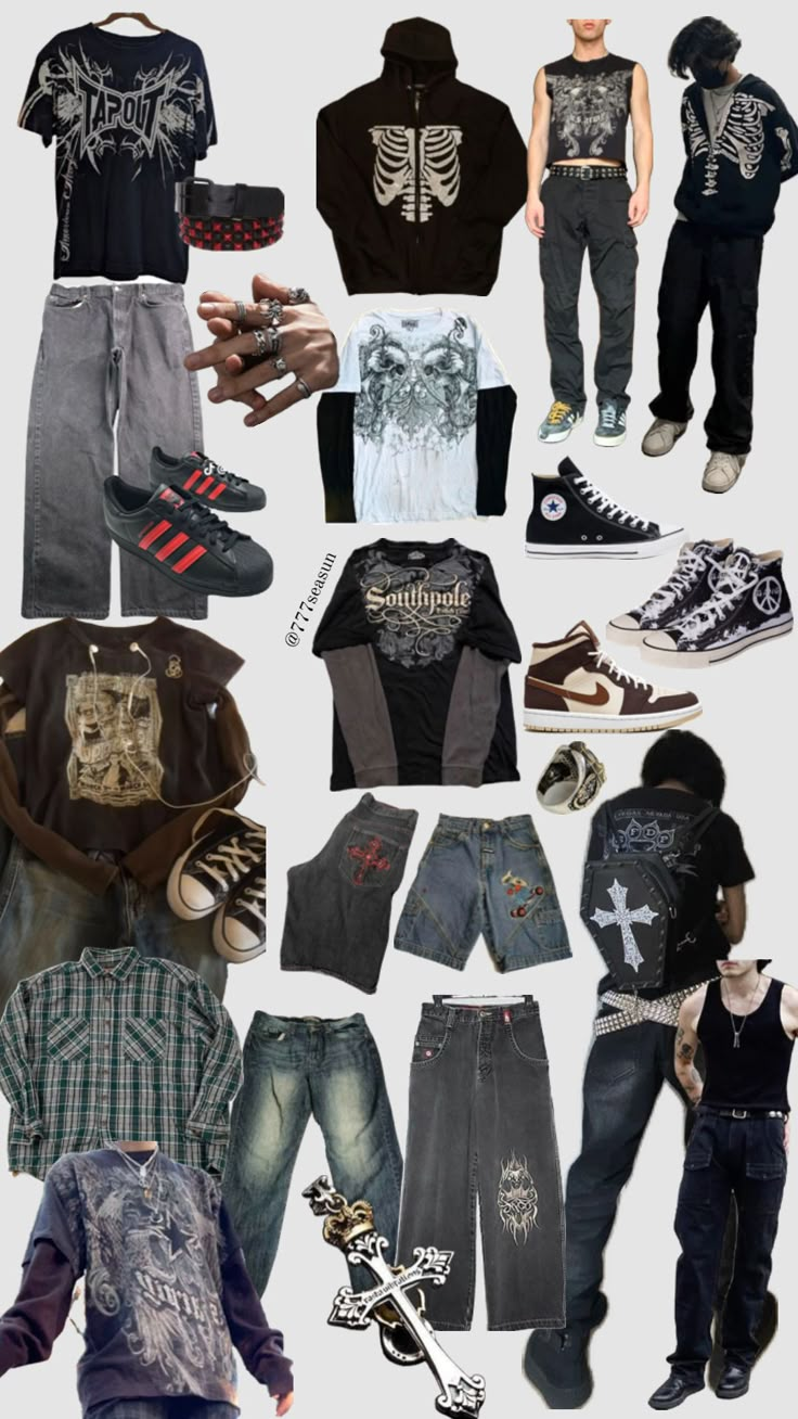 @777seasun Dark Y2K men’s mega look #outfitinspo #maleoutfit #guysfashion #mensfashion #y2k #emo #edgy #emocore #vibes #outfitinspo #90s #grunge #darkaesthetic Y2k Outfits Winter, Pfp Y2k, Dark Y2k, Y2k Outfits Men, Grunge Fits, Alt Clothes, Cooler Style, Winter Y2k, Y2k Men