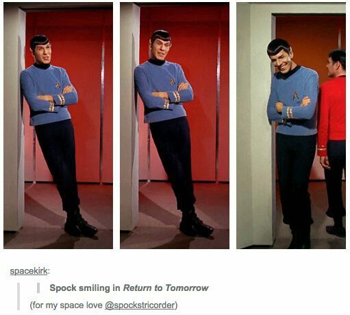 three pictures of spock smiling in return to tomorrow, for my space love @ abc's star trek