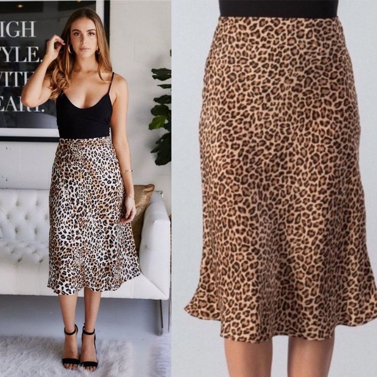 The Wild Nights Leopard Print Satin Midi Skirt Makes Any Look A Little More Adventurous! Sleek, Leopard Printed Satin, Falls From A High, Elasticized Waist, Into A Figure-Skimming Skirt With A Slightly Flaring Midi Hem. Elastic Waist. Pair With A Cami And Heels For A Chic Night Out Look! Details 1st Photo Is Of The Actual Item In A Different Color Pattern Styled By A Blogger That Works With Our Boutique Vendor Length 29.5" Waist: Small 24-27 Medium 28-30 Large 31-34 Leopard Skirts, Casual Leopard Print Midi Skirt, Elegant Leopard Print Lined Skirt, Leopard Print Fitted Midi Skirt, Flowy Lined Leopard Print Skirt, Leopard Print Relaxed Midi Skirt, Leopard Shorts, Leopard Skirt, Satin Midi Skirt