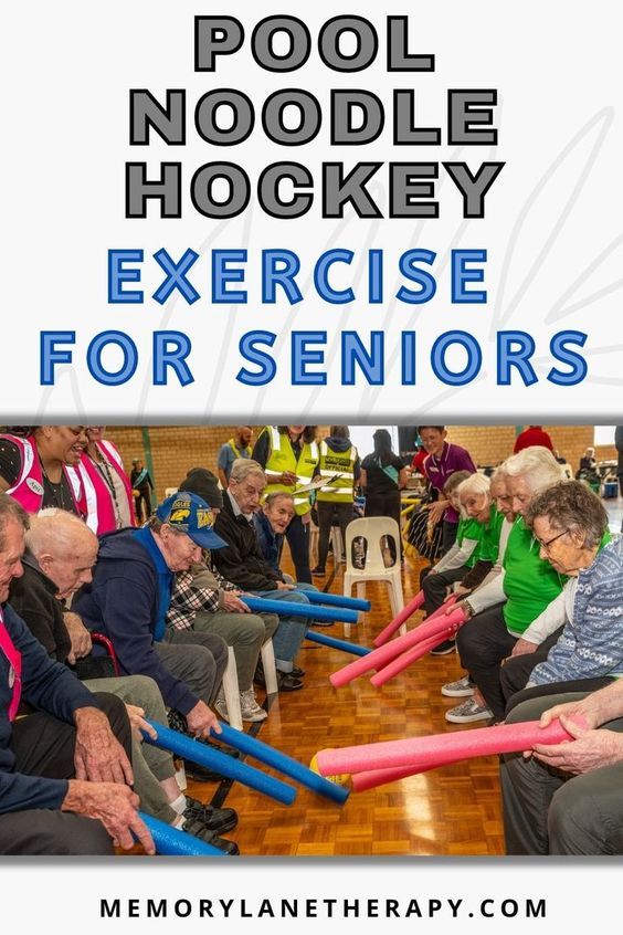 an elderly man and woman sitting in chairs with the words pool noodle hockey exercise for seniors