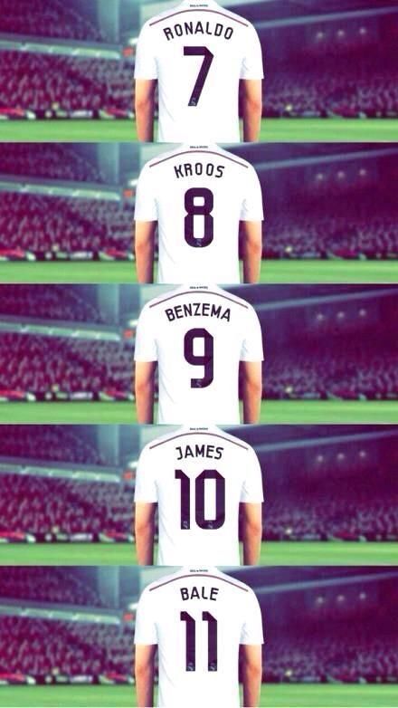 three soccer players in white uniforms standing next to each other with the number nine on their shirts