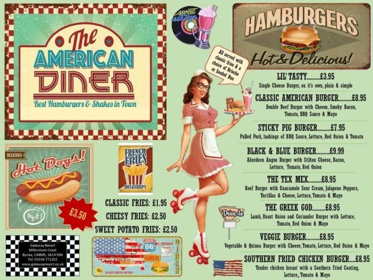 the american diner menu is shown with an image of a woman holding a hot dog