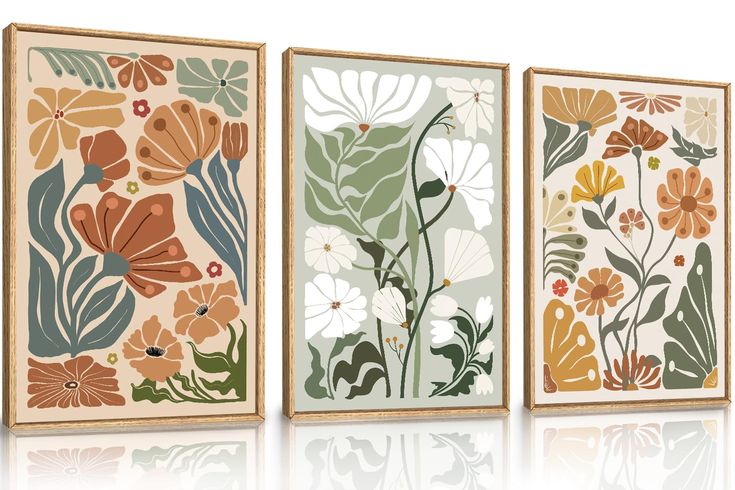 three framed art pieces with flowers on them