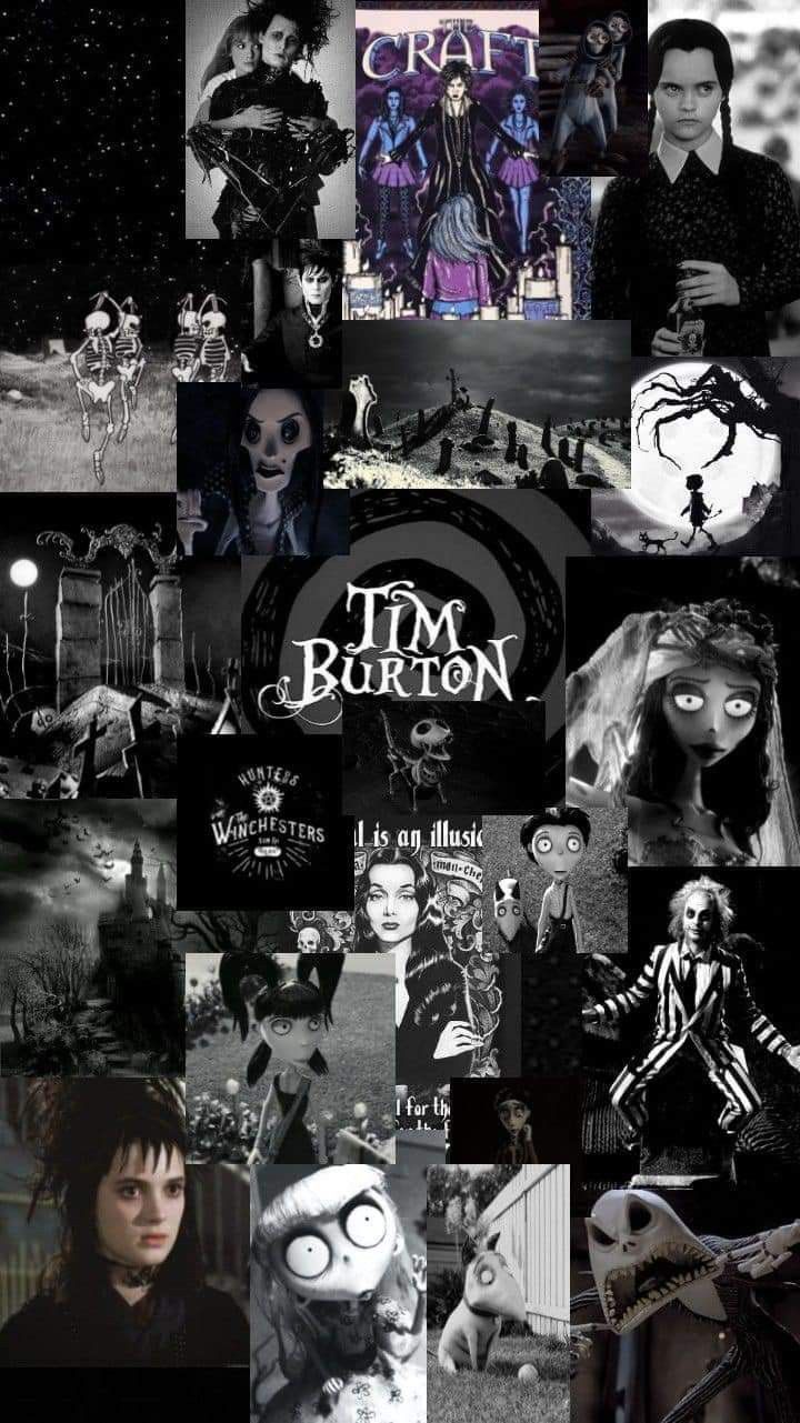 the collage has many different pictures and words on it, including an image of tim burton