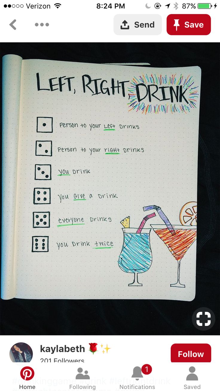 an open notebook with drawings on it and the words left right drink written in black ink