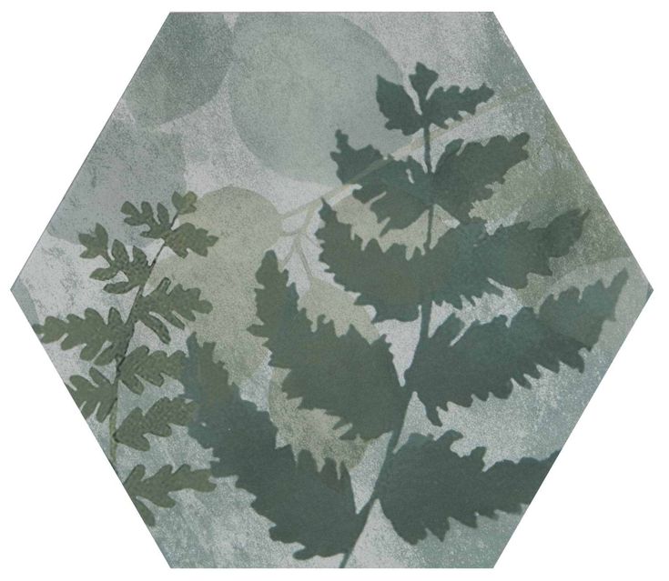 the leaves are casting shadows on the cement wallpaper, which has been painted in shades of gray and green