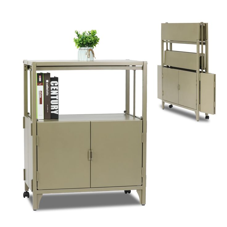 a book shelf with two doors and a plant on top, sitting next to each other