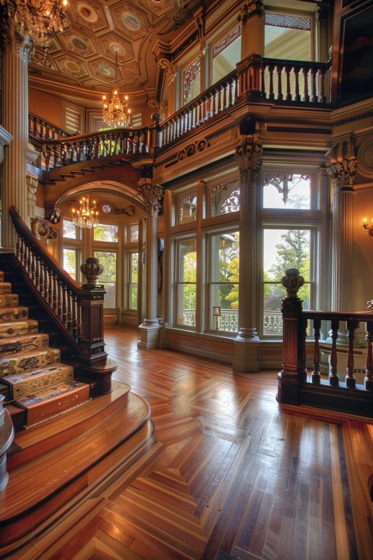 an ornately decorated foyer with chandelier and wooden floors