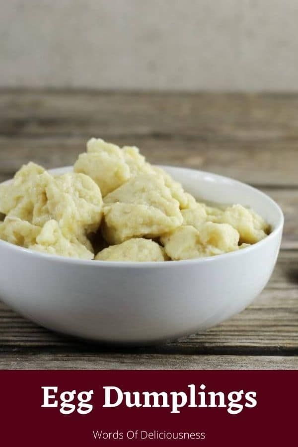 egg dumplings in a white bowl on top of a wooden table with text overlay