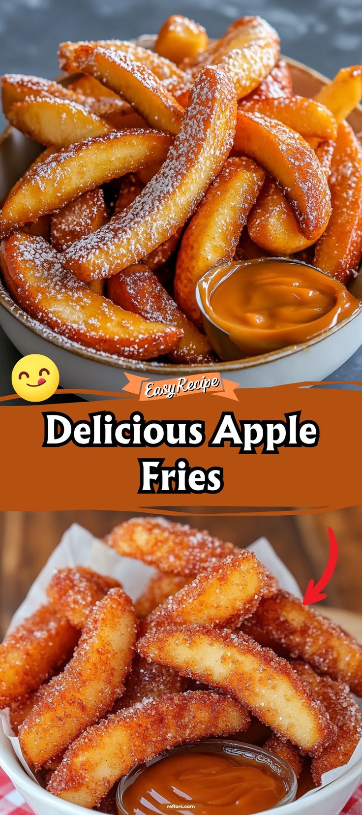 delicious apple fries with dipping sauce on the side and an image of apples in a bowl