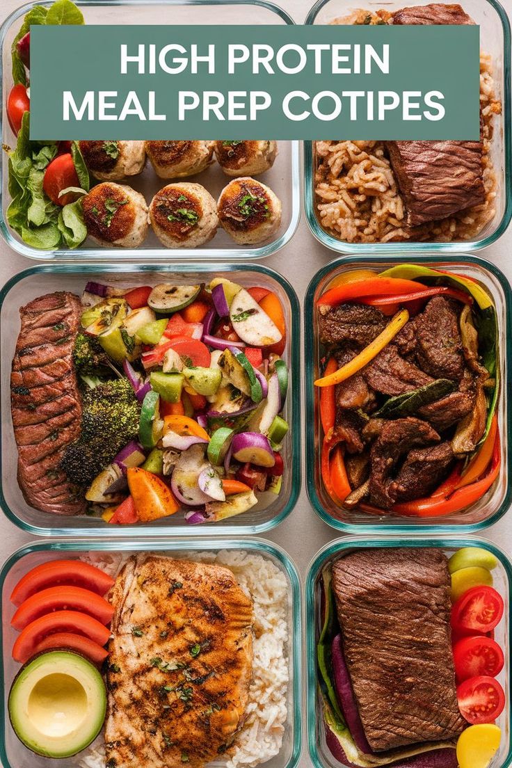 four meal prep containers filled with meat, vegetables and rice