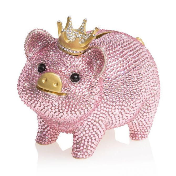 a pink pig with a gold crown on top of it's head and eyes