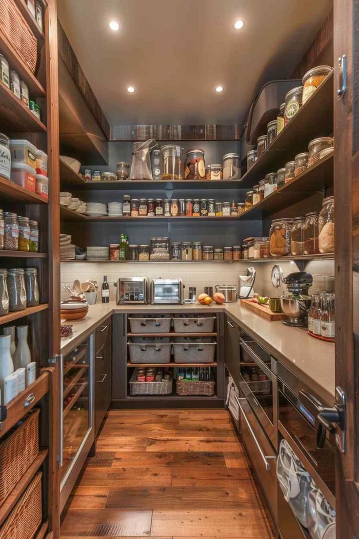 an open pantry with lots of food in the cupboards and on the wall shelves