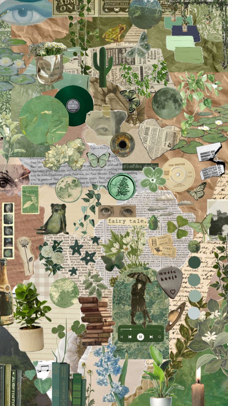 the collage is made up of many different types of papers and plants on it