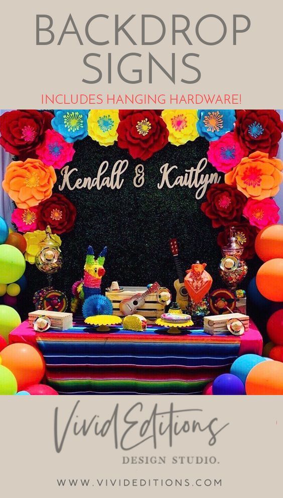 a colorful backdrop with flowers and balloons for a birthday party or wedding sign that reads, backdrop signs includes hanging hardware