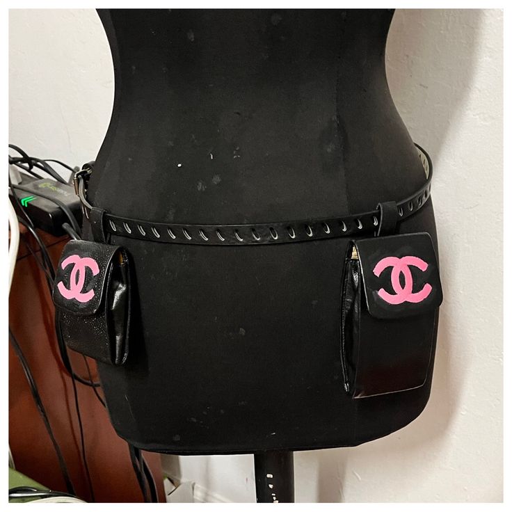 Both Bag Is Showing Wear Condition The Cc Chanel Logo Has Been Painted In Pink Color On Both Bag Added The Leather Belt For Wearing Belt Bag Please Refer All The Pictures And Description Of The Items Before You Purchase Please This Sale Is Final Guarantee Money Refund For Authentic Thank You So Much Designer Pouch Belt Bag With Detachable Strap, Designer Black Belt Bag With Belt Loops, Luxury Black Belt Bag With Removable Belt, Designer Belt Bag With Removable Belt For Everyday Use, Designer Black Belt Bag With Detachable Strap, Designer Black Belt Bag With Removable Belt, Luxury Black Leather Belt Bag, Luxury Black Pouch Belt Bag, Luxury Leather Shoulder Bag With Belt Detail