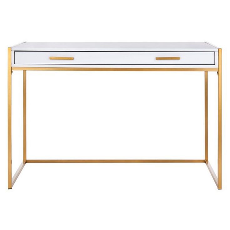 a white and gold desk with two drawers on the top, in front of a white background