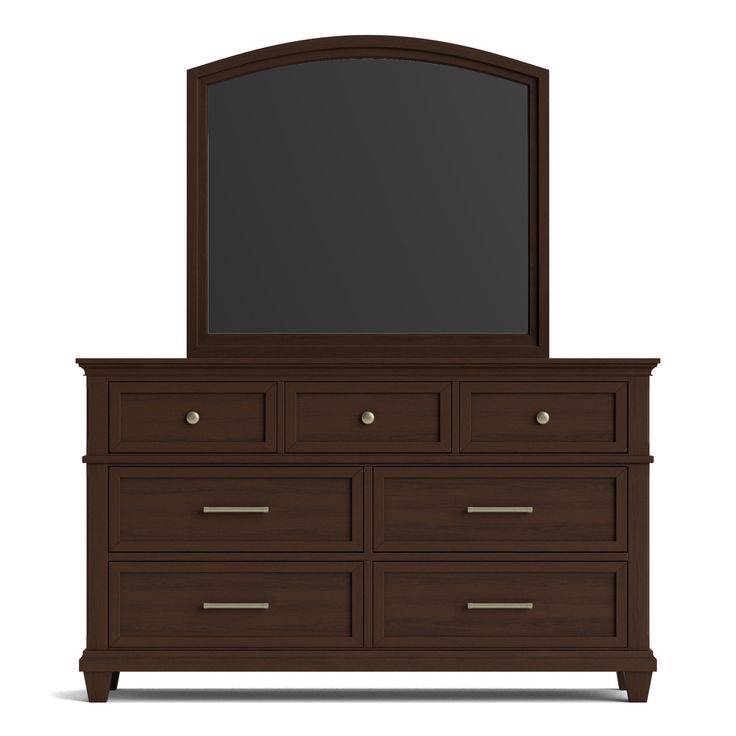 a brown dresser with a mirror on top and drawers below it, against a white background