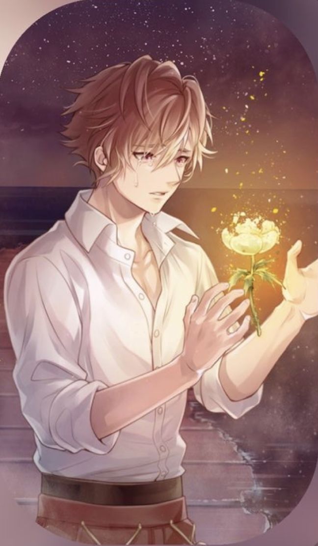 a man holding a flower in his hand with the sky and stars above him behind him