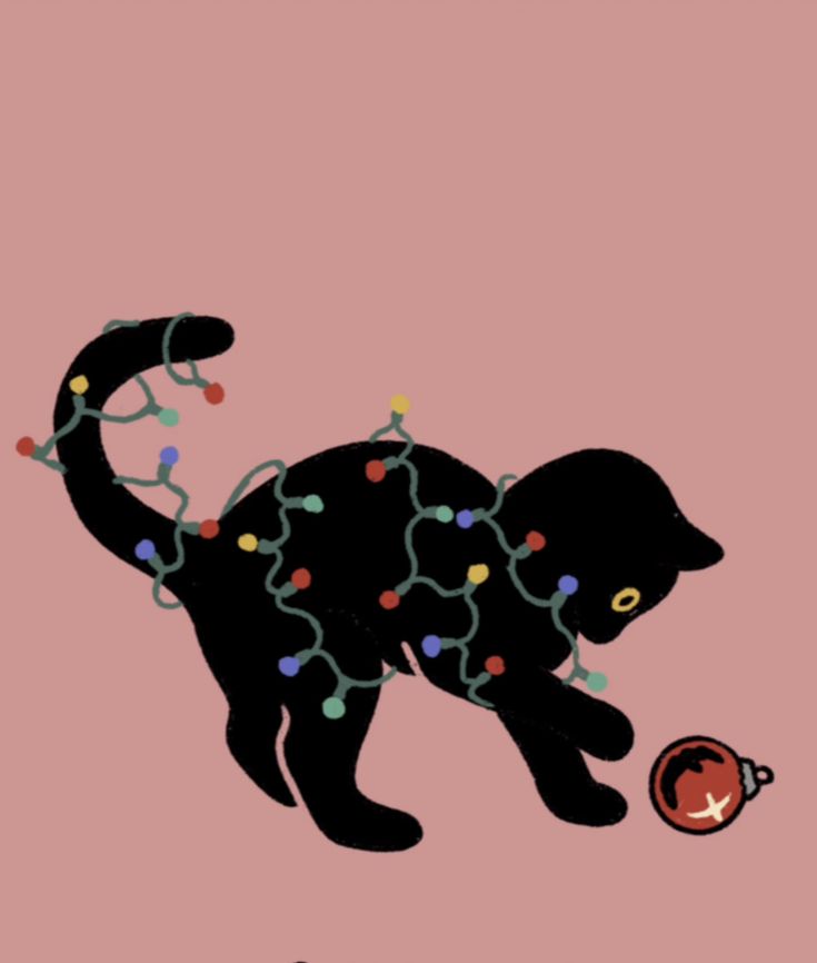 a black cat with christmas lights around its neck and tail, on a pink background