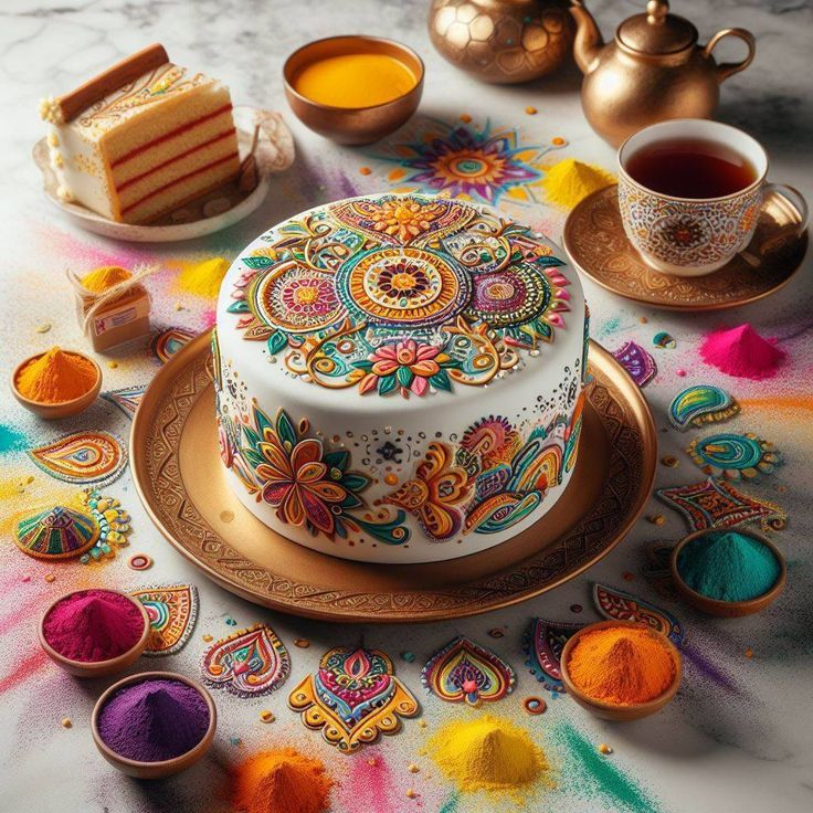 there is a cake on the table with colorful powders around it and two cups of tea