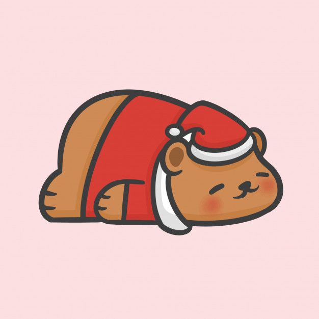 a brown bear wearing a santa hat sleeping on top of it's back with its eyes closed