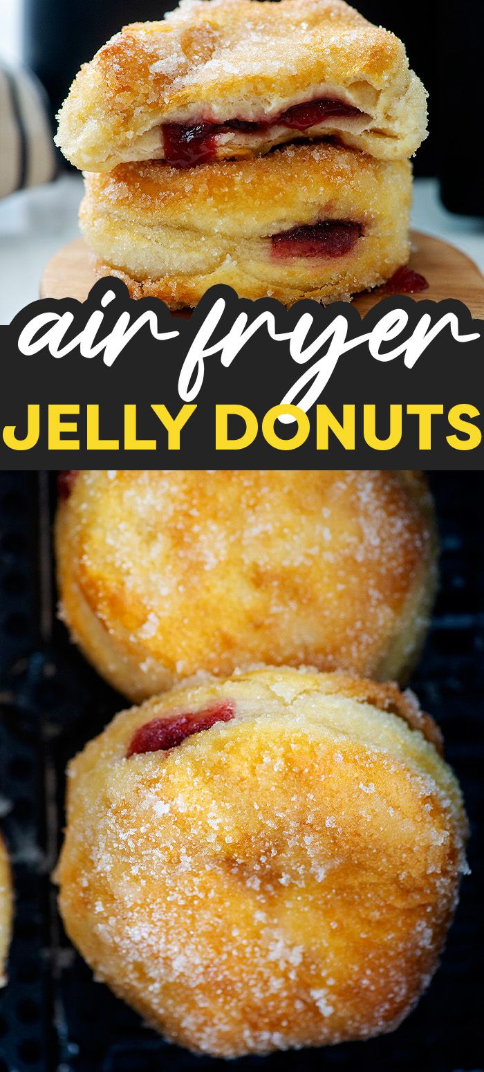 jelly donuts stacked on top of each other with the words air fryer jelly donuts