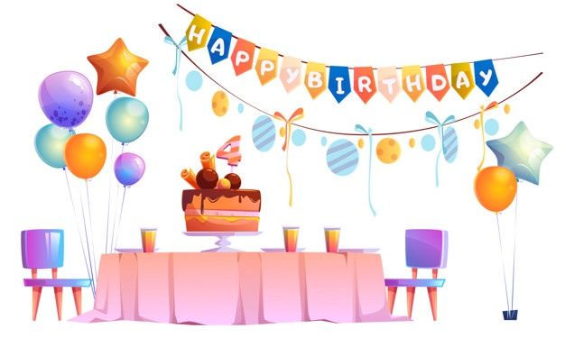 a birthday cake with candles and balloons on a table