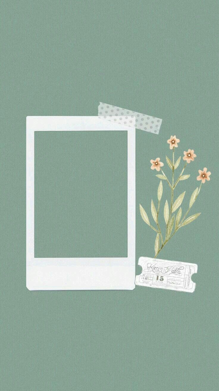 an empty photo frame with flowers and a ribbon on the side against a green background