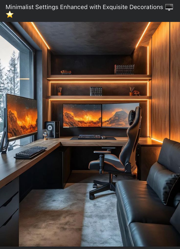 a home office with two computer monitors on the desk and a leather chair in front of it