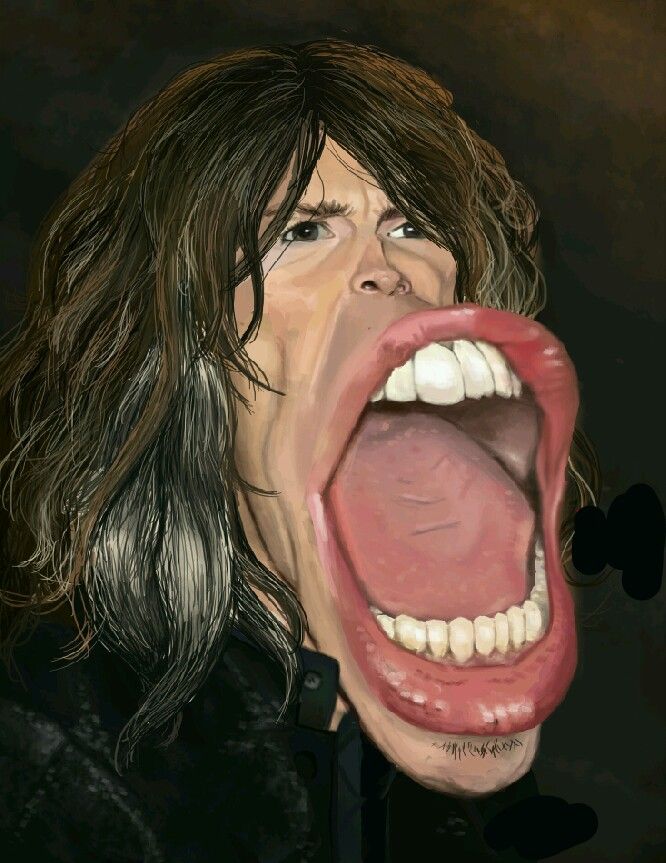 a painting of a person with their mouth open and tongue out, showing the teeth