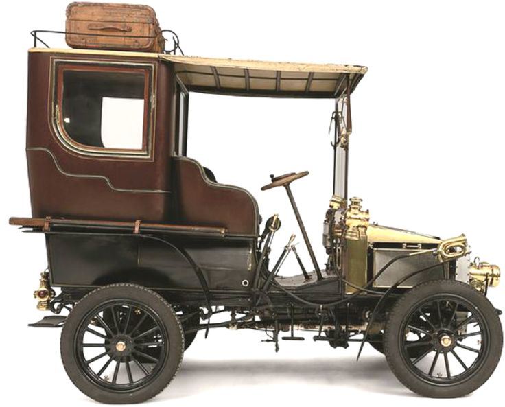 an old fashioned car with luggage on the roof and side view mirror, isolated against a white background