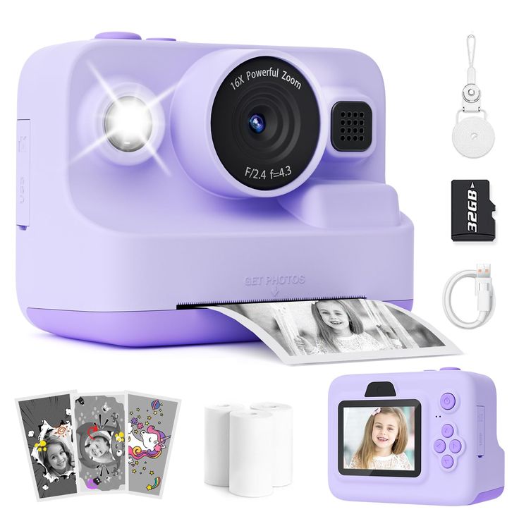 a purple camera with some pictures on it and other items to use in this project