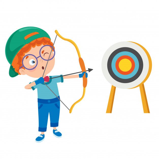 a little boy with glasses is aiming an arrow at the target