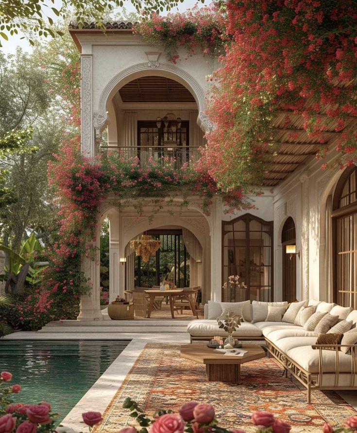 an outdoor living area with couches, tables and flowers on the ground next to a pool