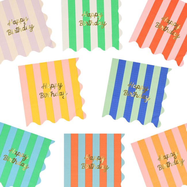 Stripes make a statement! This timeless pattern, with a statement wavy edge, and the words Happy Birthday in gold foil, make these napkins stand out. Bold stripes in 8 bright colors. The words Happy Birthday in shiny gold foil. Wavy edges. Crafted from 3-ply paper, so are practical as well as decorative. Made from FSC mix paper. Pack of 16 in 8 colors. Folded dimensions: 6.5 x 6.5 inches. | Stripe Happy Birthday Large Napkins by Meri Meri | Kids Toys | Maisonette collects the best children’s products from around the world (unlike Zulily, Etsy, The Tot, Farfetch Kids, Childrensalon, Crate and Kids, Kohls, Wayfair, Buy Buy Baby, Nordstroms, Mini Boden, J.Crew Factory, or PotteryBarn Kids), creating a curated shopping experience for you. Think of us as your shortcut to fashion for litte ones! Happy Birthday Napkins, Birthday Color Theme, Meri Meri Party, Wavy Edges, Birthday Napkins, First Birthday Themes, Party Goods, Meri Meri, Birthday Themes