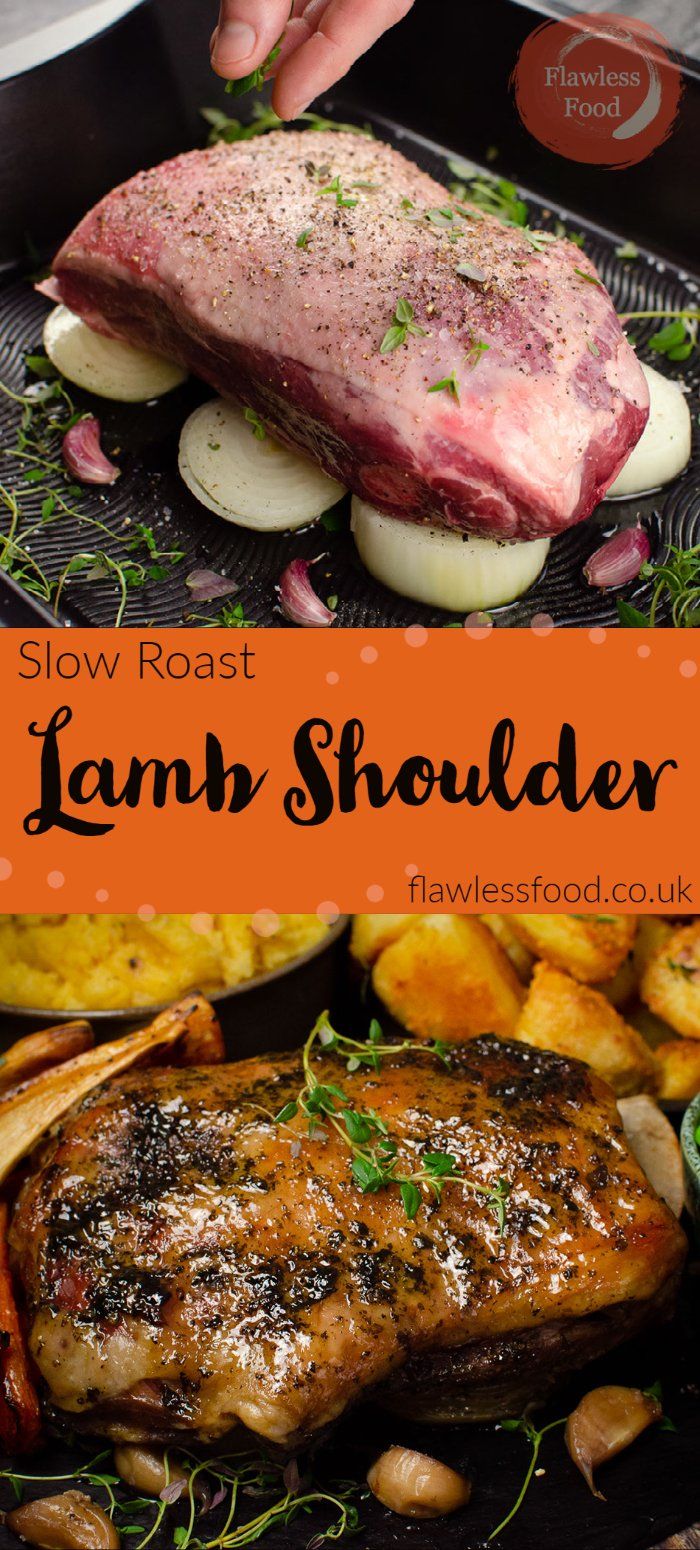 the slow roast lamb shoulder is ready to be served with potato wedges and potatoes