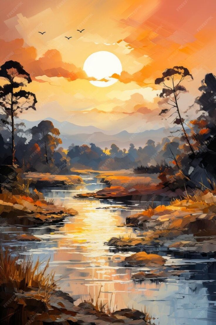 a painting of the sun setting over a river