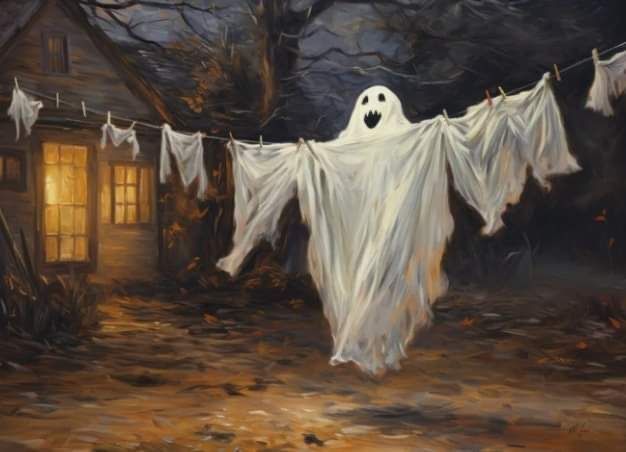 a painting of a ghost hanging from a clothes line in front of a house at night