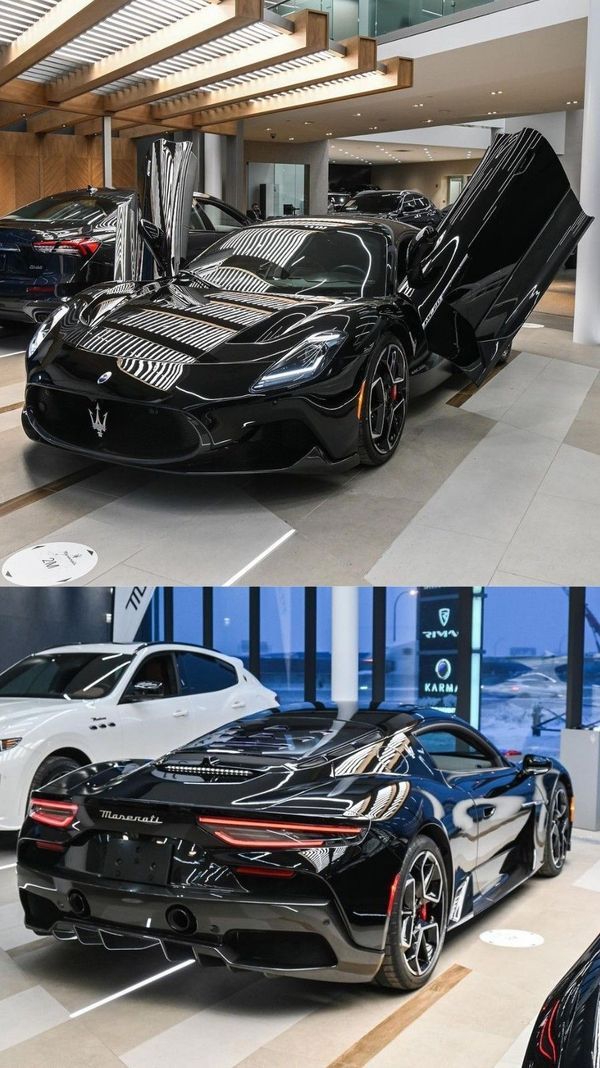 two different pictures of cars in a showroom, one is black and the other is white