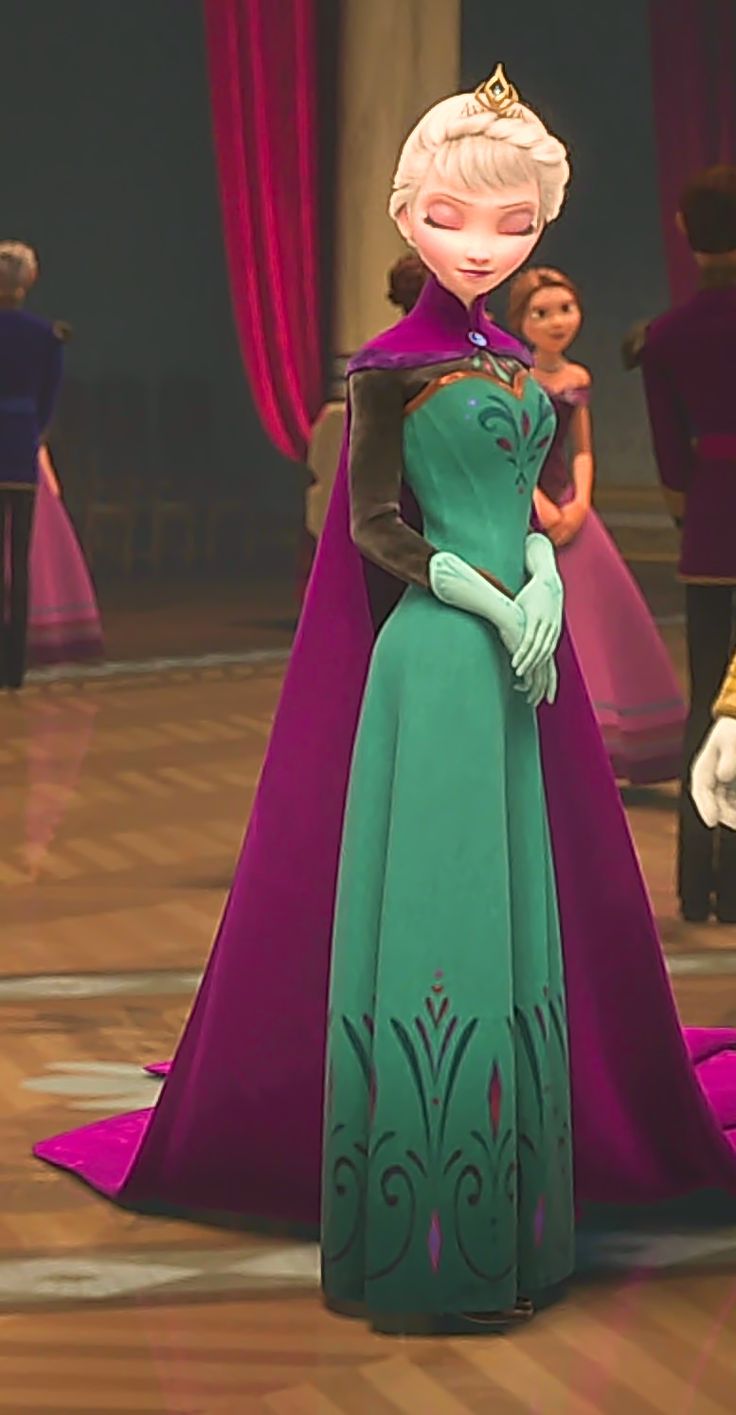 the frozen queen is standing in front of some other people wearing dresses and tiaras