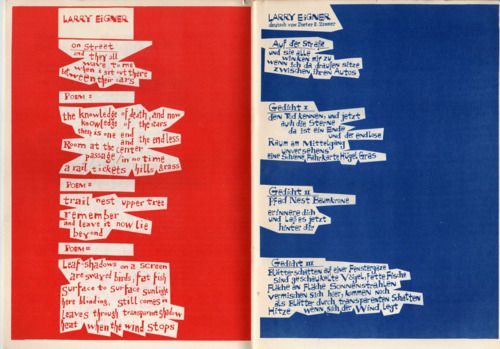 two posters with words written on them in different colors and shapes, one is red white and blue