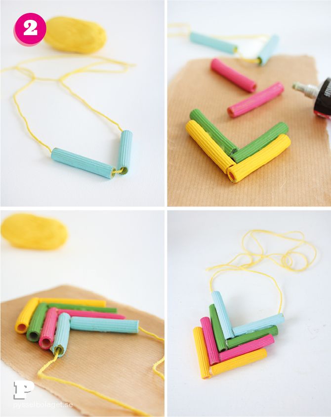 four pictures showing how to make popsicle necklaces with colored paper and glue sticks