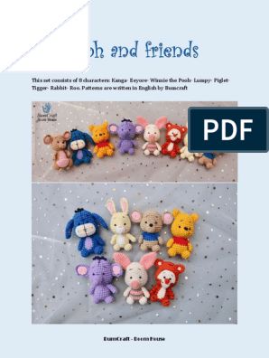 an image of stuffed animals in different colors and sizes on a sheet with the title, pooh and friends