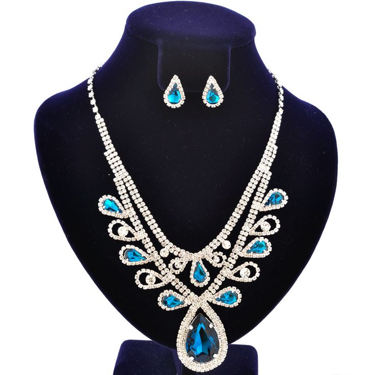 Fashion Jewelry Set Silver Plating Blue Zircon Stone Pear Necklace Earrings Set Turquoise Crystal Jewelry For Party, Party Turquoise Crystal Jewelry, Blue Crystal Rhinestone Costume Necklace, Elegant Blue Rhinestone Necklace Gift, Blue Crystal Jewelry Sets For Gifts, Blue Crystal Costume Jewelry, Beaded Jewelry Necklaces, Fashion Jewelry Sets, Blue Zircon