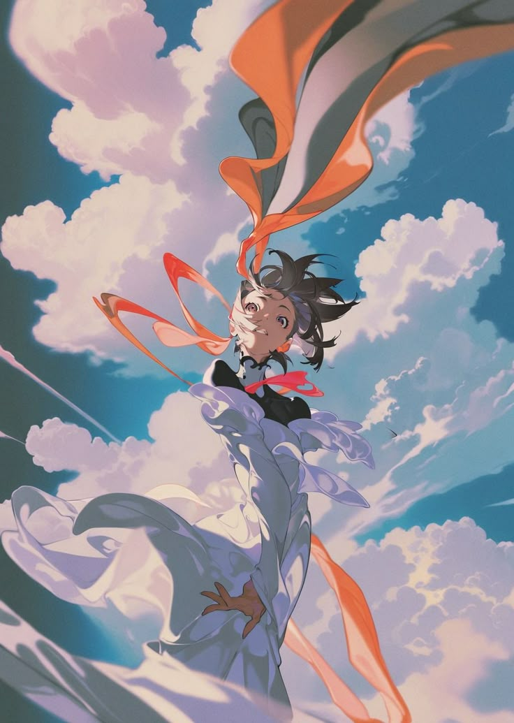 an anime character flying through the air with her hair blowing in the wind and clouds behind her