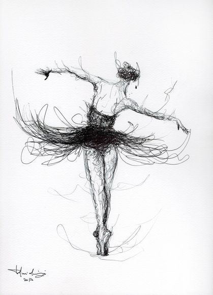 a drawing of a ballerina in black and white